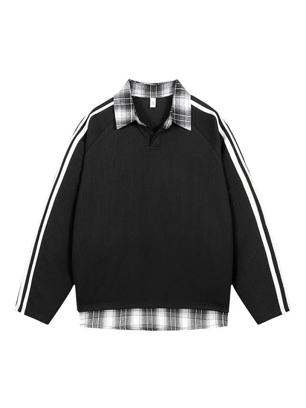 Fake Two Pieces Splicing V-neck College Style Polo - Image 5