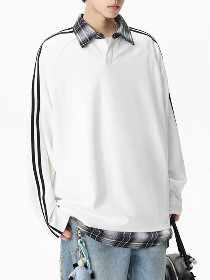 Fake Two Pieces Splicing V-neck College Style Polo - Image 6