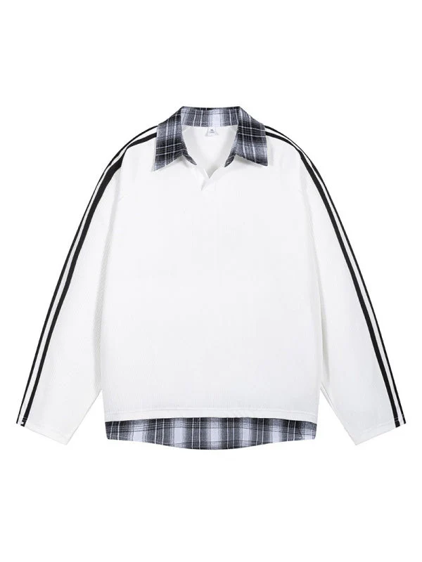 Fake Two Pieces Splicing V-neck College Style Polo - Image 7