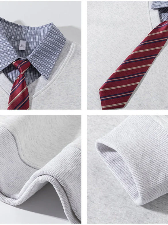 Fake Two Pieces Plaid Tie Contrasting Colors Splicing Polo - Image 3
