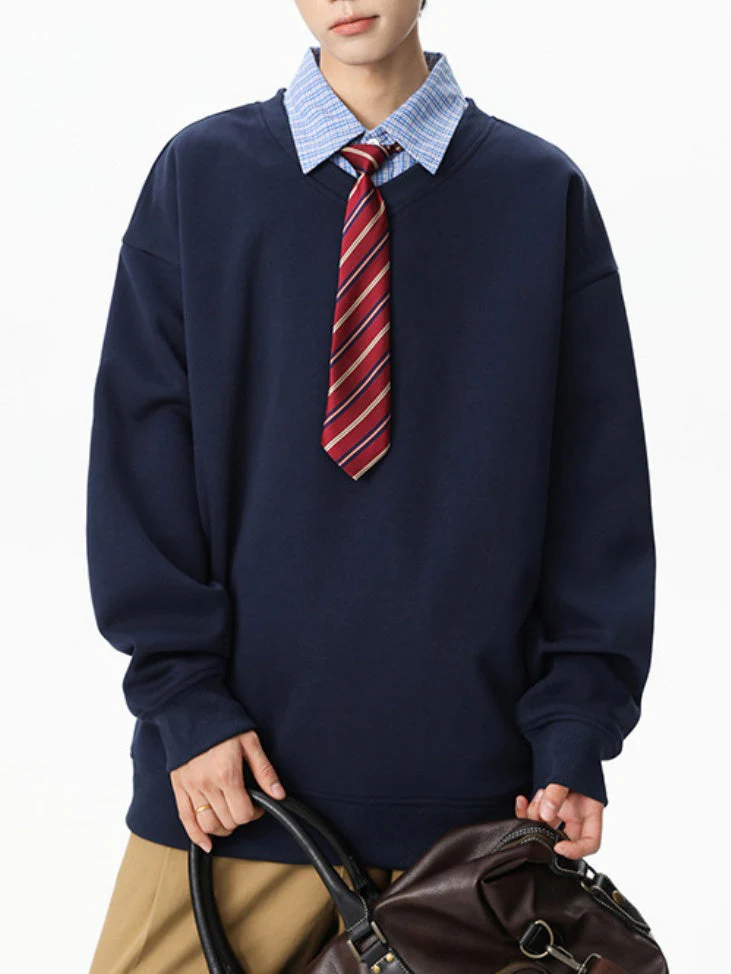 Fake Two Pieces Plaid Tie Contrasting Colors Splicing Polo - Image 4