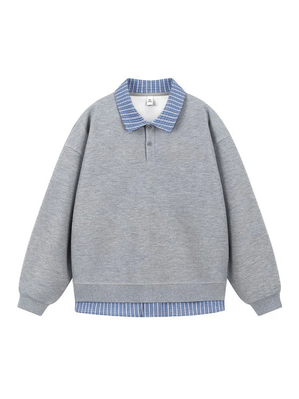 Retro Plaid Loose Fake Two Pieces Polo - Image 2