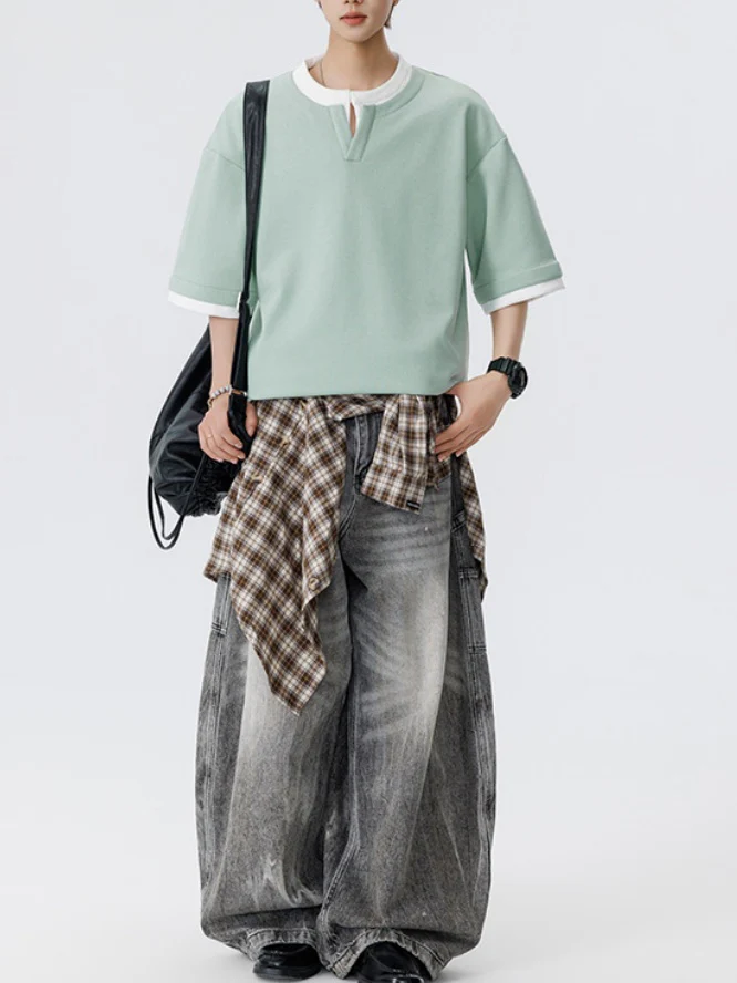 Layered-look Color-blocked Loose-fit T-shirts - Image 2