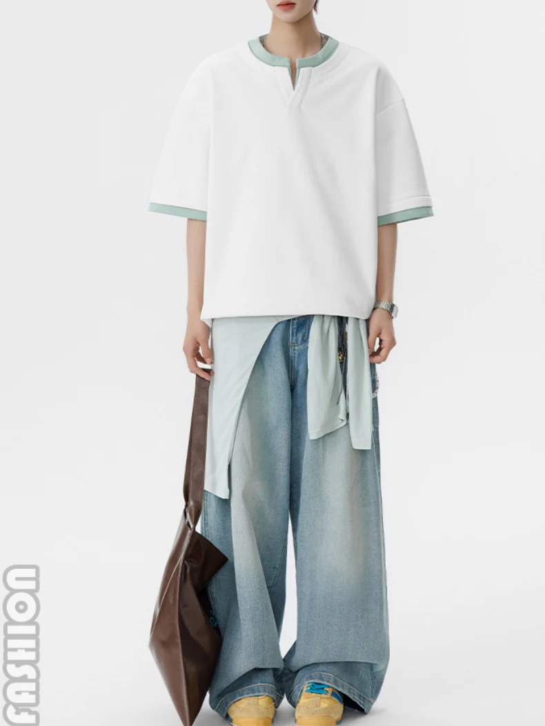 Layered-look Color-blocked Loose-fit T-shirts - Image 6