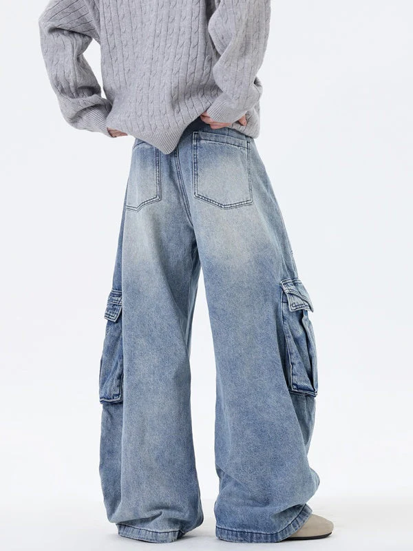 Old Washing Multiple Pockets Tooling Wide-leg Mopping Jeans - Image 2