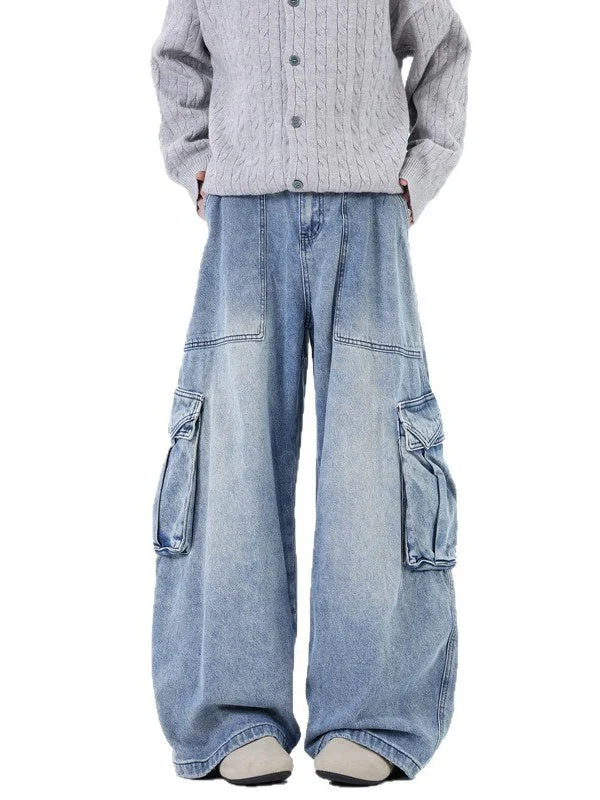 Old Washing Multiple Pockets Tooling Wide-leg Mopping Jeans - Image 3