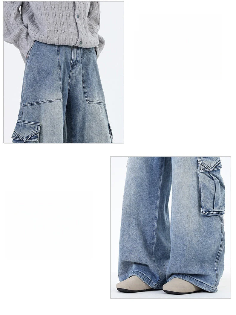 Old Washing Multiple Pockets Tooling Wide-leg Mopping Jeans - Image 4