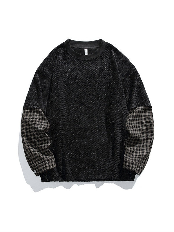 Gold Thread Weaving Fake Two Pieces Contrasting Colors Fleece Sweatshirt - Image 2