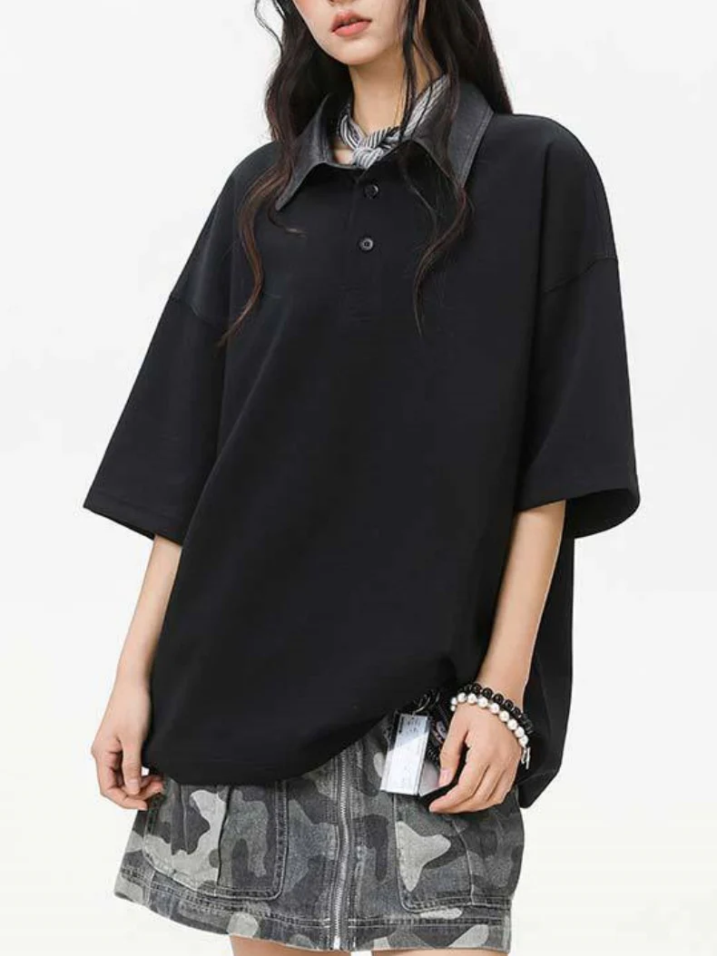 Notch-Collar Color-blocked Loose-fit POLO Shirt - Image 5