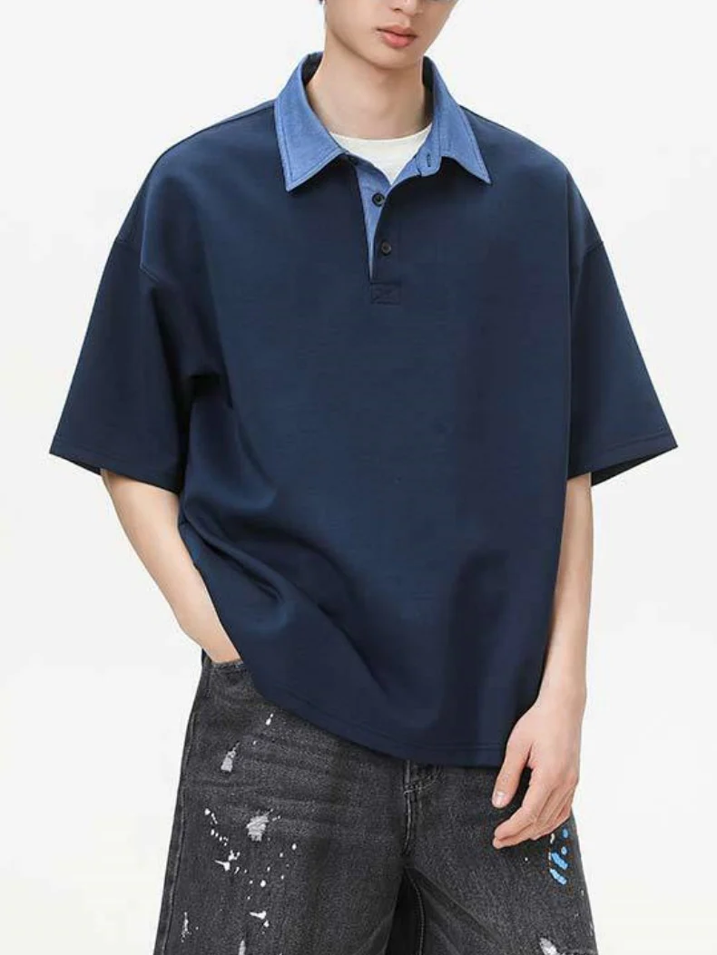 Notch-Collar Color-blocked Loose-fit POLO Shirt - Image 7