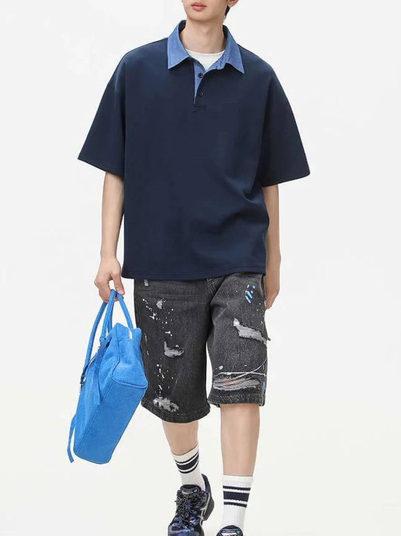 Notch-Collar Color-blocked Loose-fit POLO Shirt - Image 8