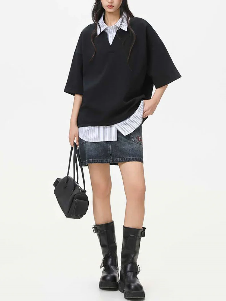 V-shaped Layered-look Patchwork Shirts - Image 7
