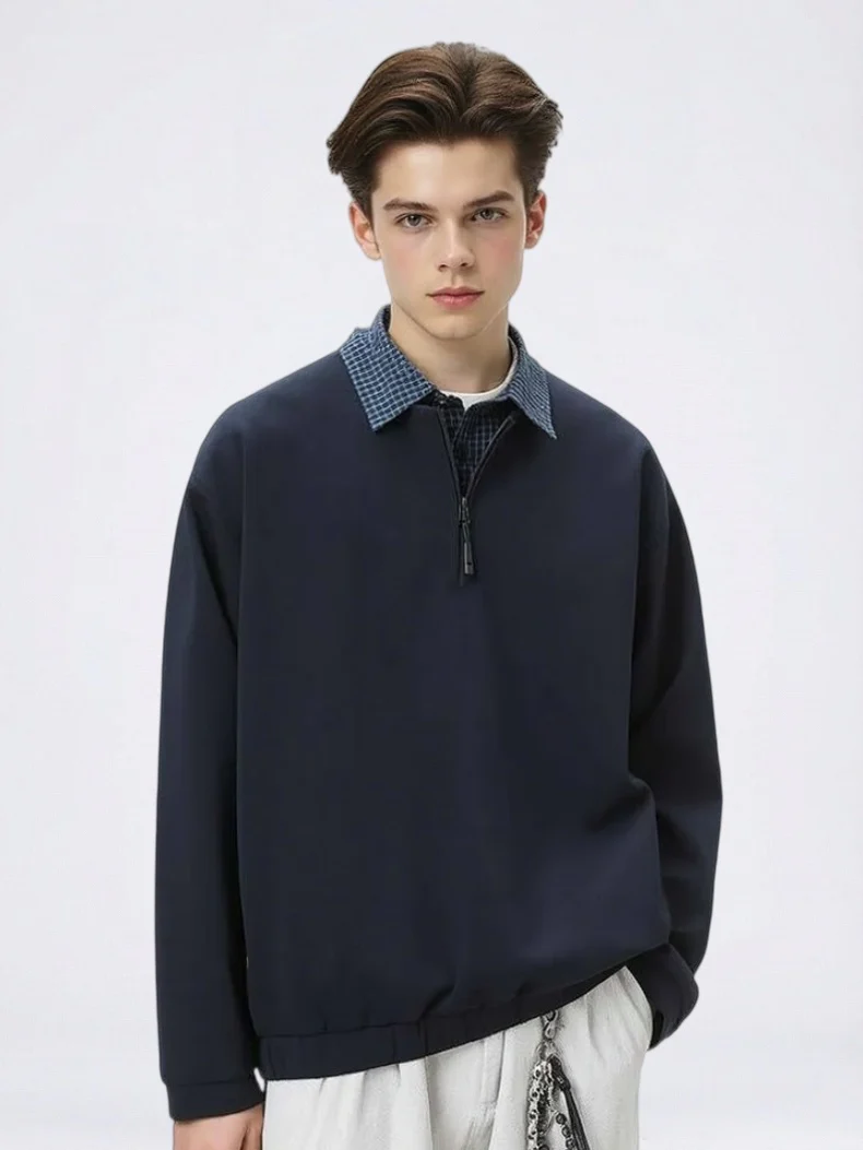 Layered-look Plaid Zipper Loose-fit Sweatshirts&Hoodies