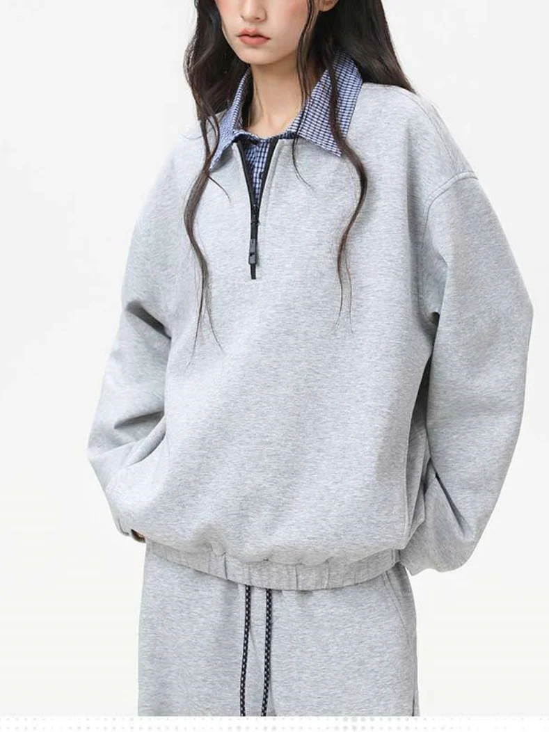 Layered-look Plaid Zipper Loose-fit Sweatshirts&Hoodies - Image 2