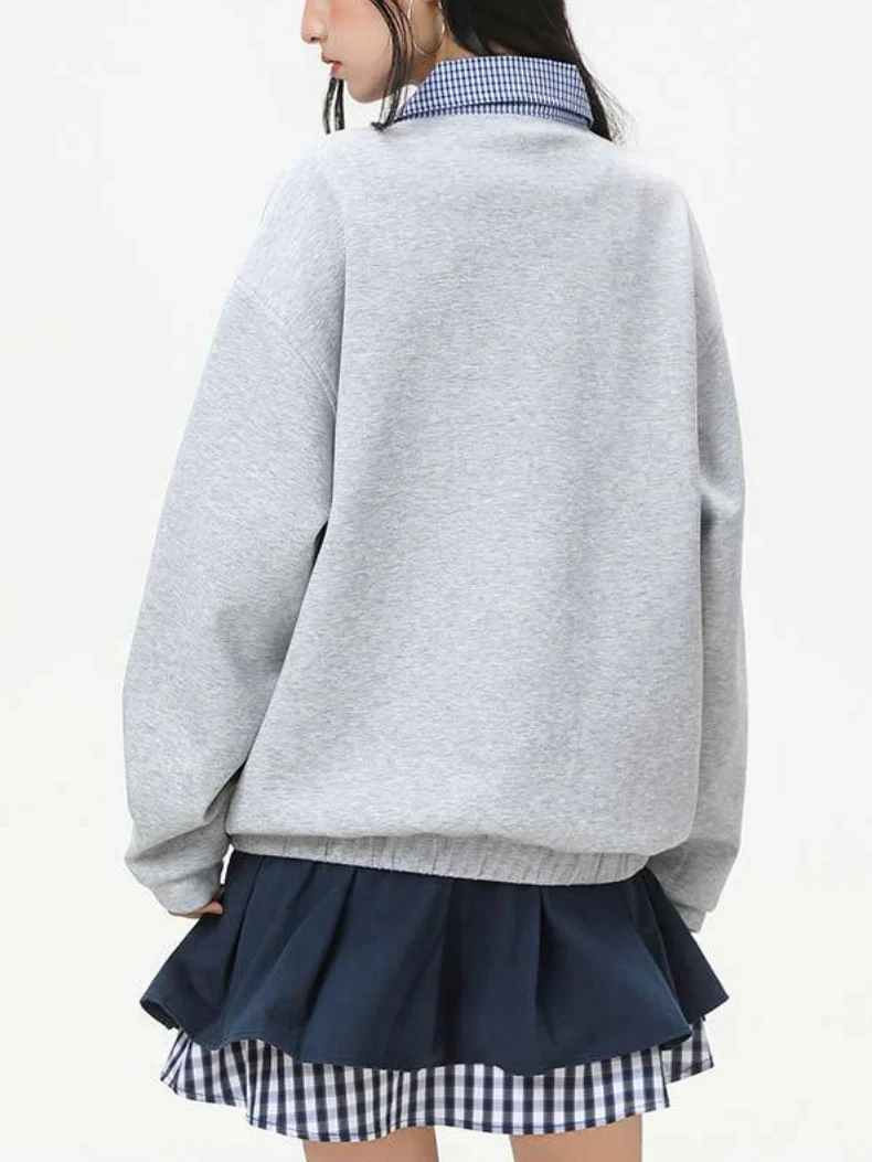 Layered-look Plaid Zipper Loose-fit Sweatshirts&Hoodies - Image 3