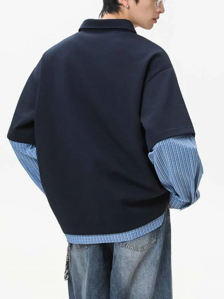 Layered-look Color-blocked Plaid Notch-Collar Zipper Sweatshirts&Hoodies - Image 2