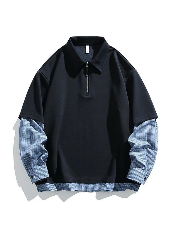 Layered-look Color-blocked Plaid Notch-Collar Zipper Sweatshirts&Hoodies - Image 3