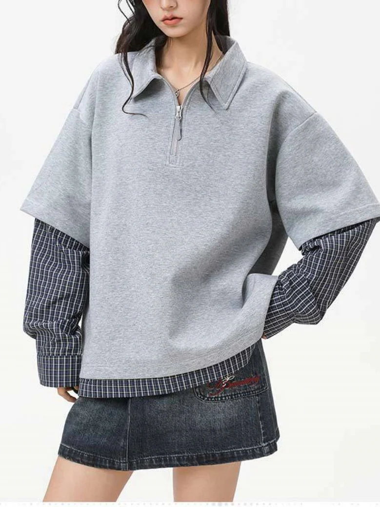 Layered-look Color-blocked Plaid Notch-Collar Zipper Sweatshirts&Hoodies - Image 4