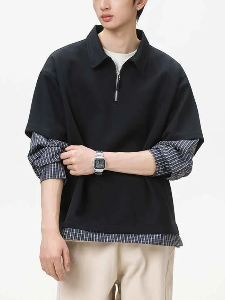 Layered-look Color-blocked Plaid Notch-Collar Zipper Sweatshirts&Hoodies - Image 7