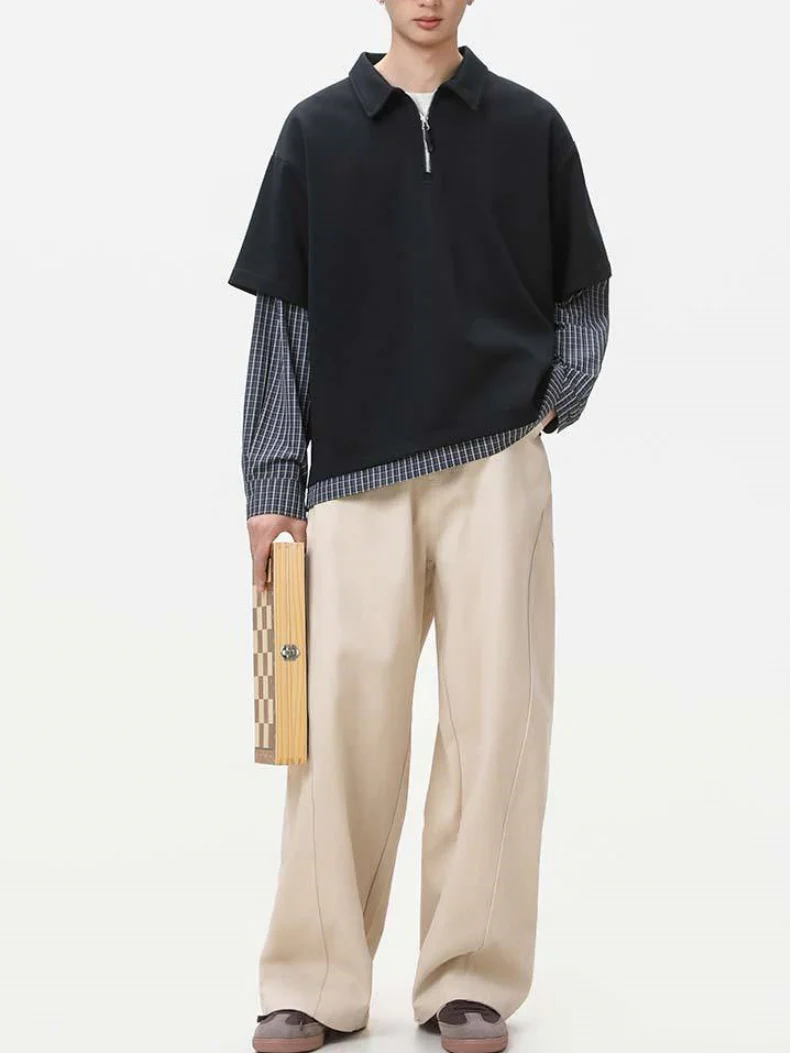 Layered-look Color-blocked Plaid Notch-Collar Zipper Sweatshirts&Hoodies - Image 9