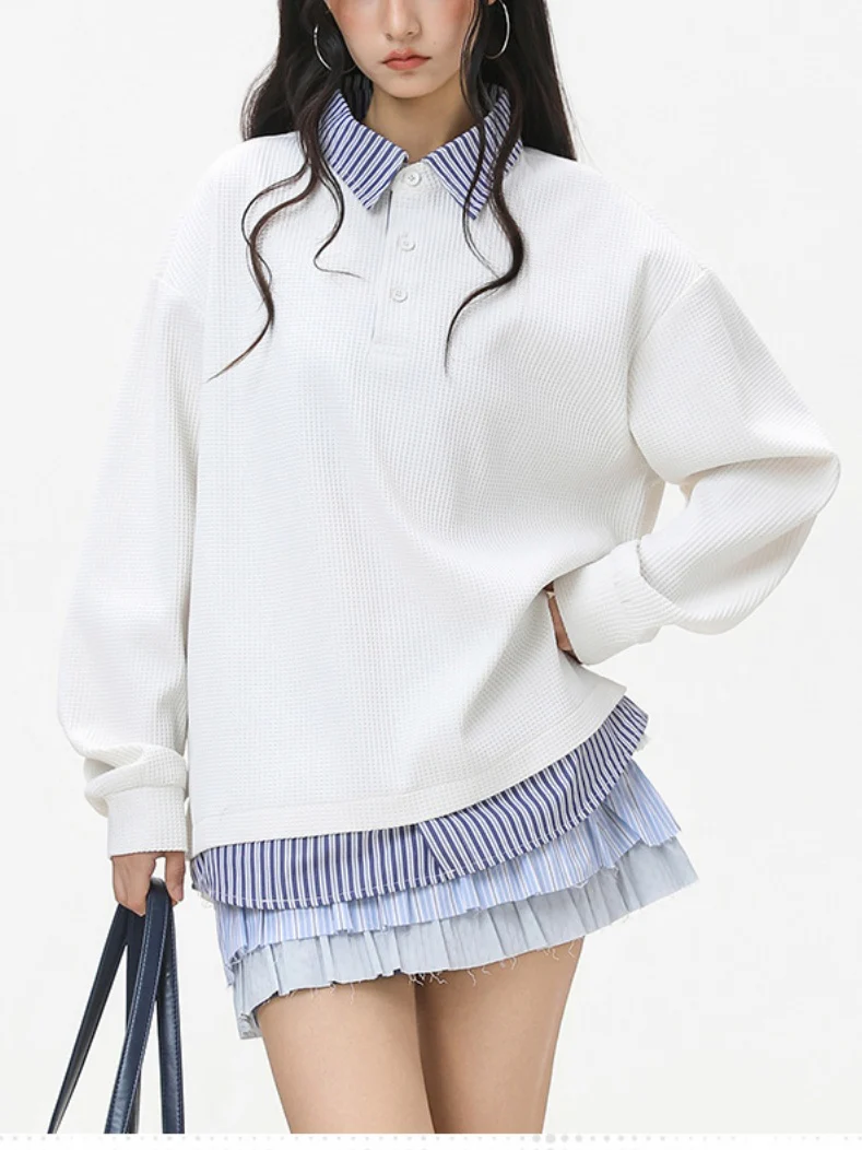 Layered-look Stripes Patchwork Color-blocked Sweatshirts&Hoodies - Image 4