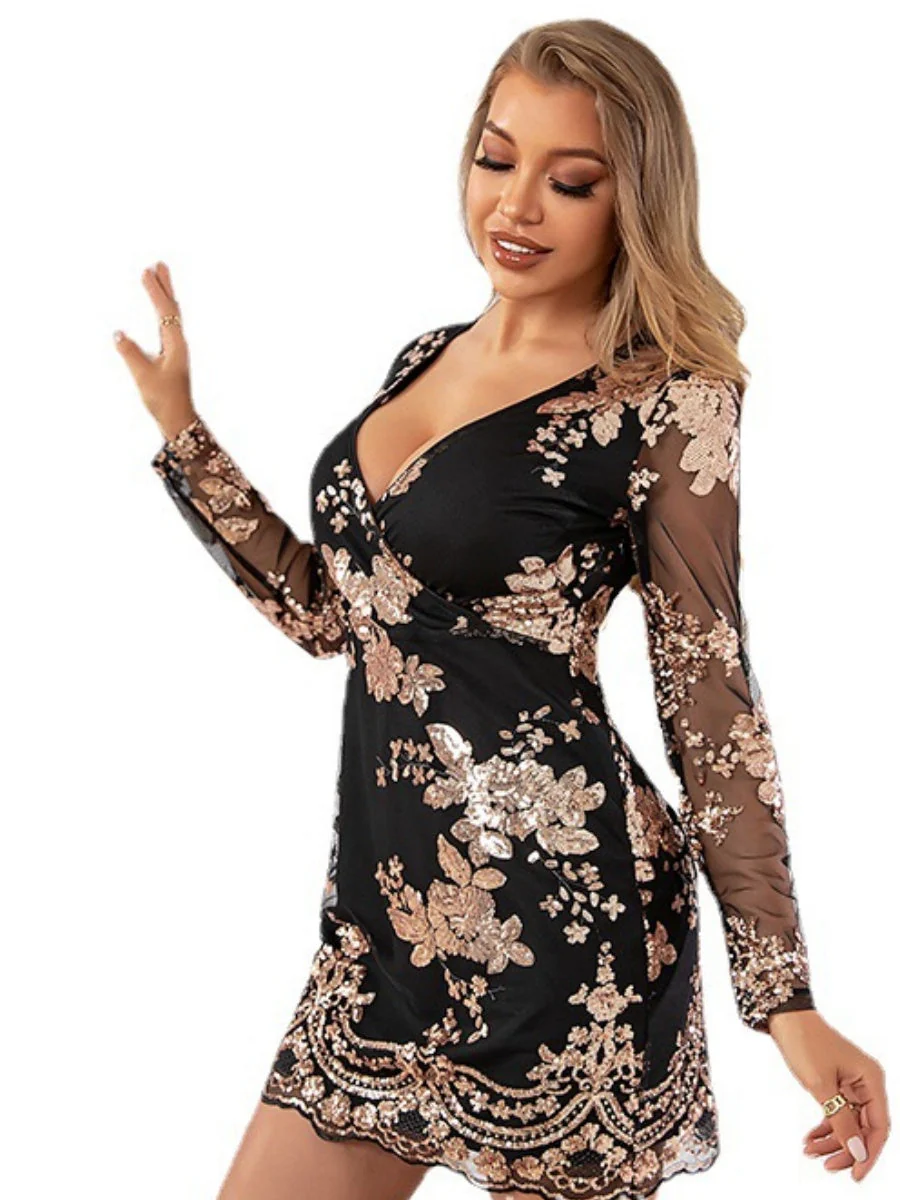 Perspective Mesh Sequined Embroidery Parties Mini&Short Dresses - Image 4