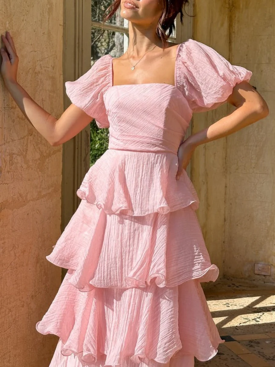 Square Collar Puff Sleeve Cake Skirt Vacation Parties Maxi Dresses - Image 11