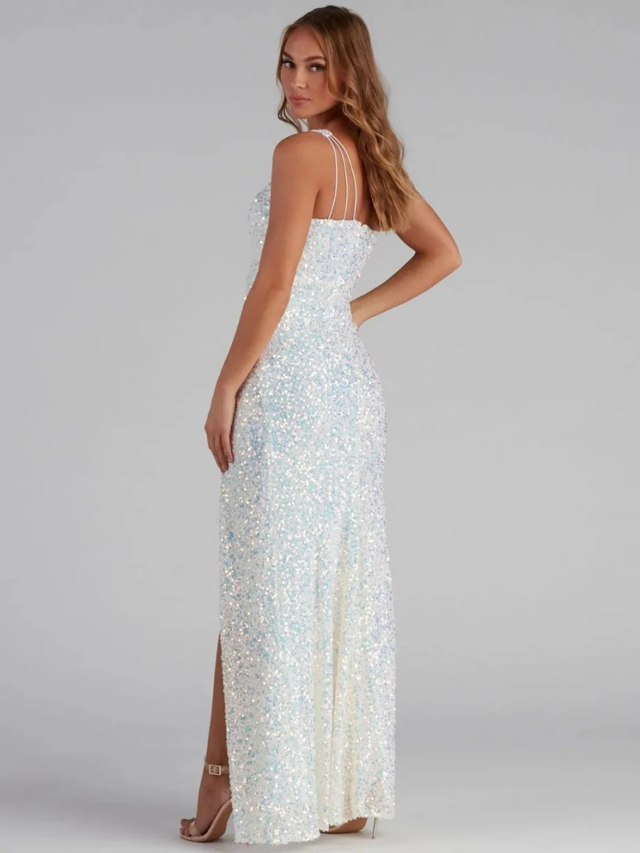Sloping Shoulders Sequins High Slit Parties Maxi Dresses - Image 3
