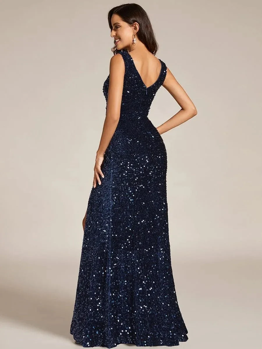 Dark Blue Sequined High Slit Maxi Dresses - Image 2