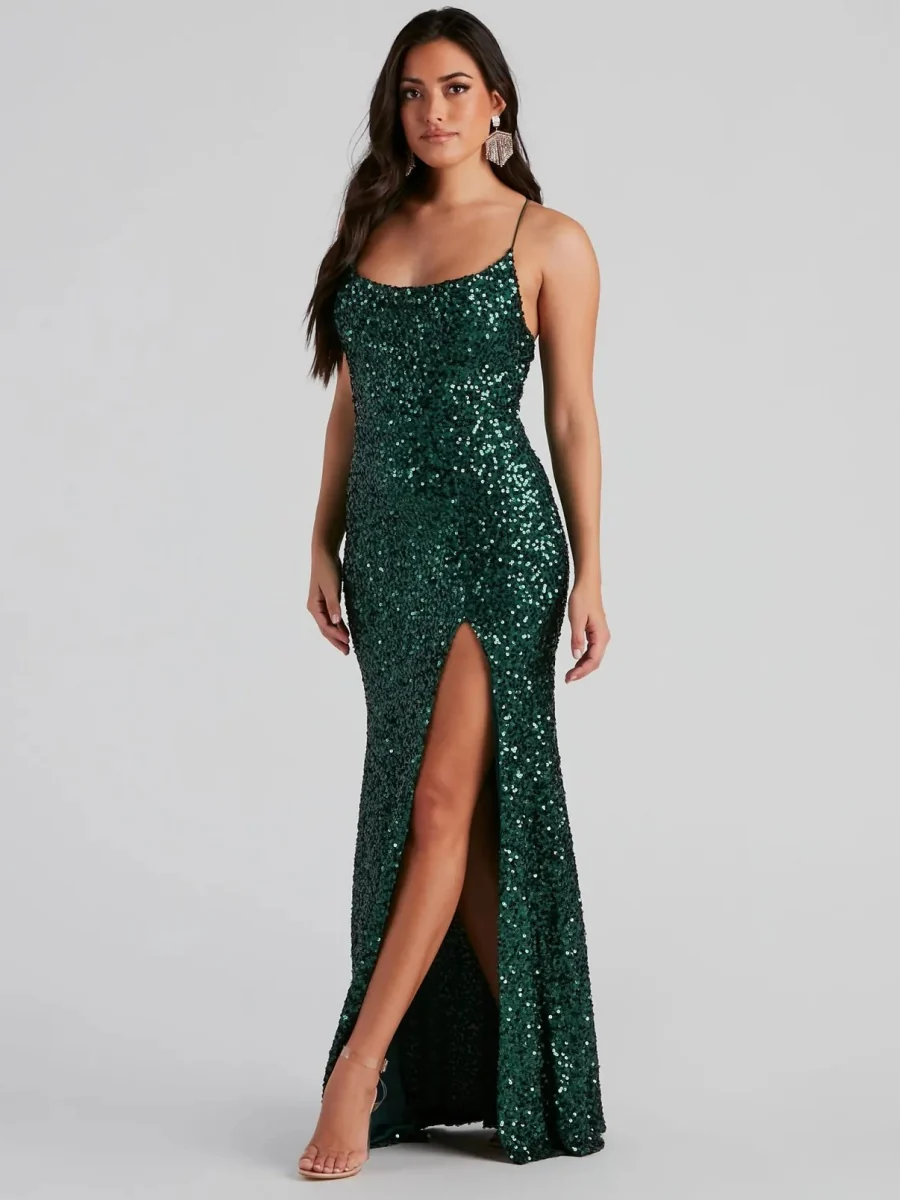 Sequins Slit Sexy Camisoles Formal Dress Maxi Dresses