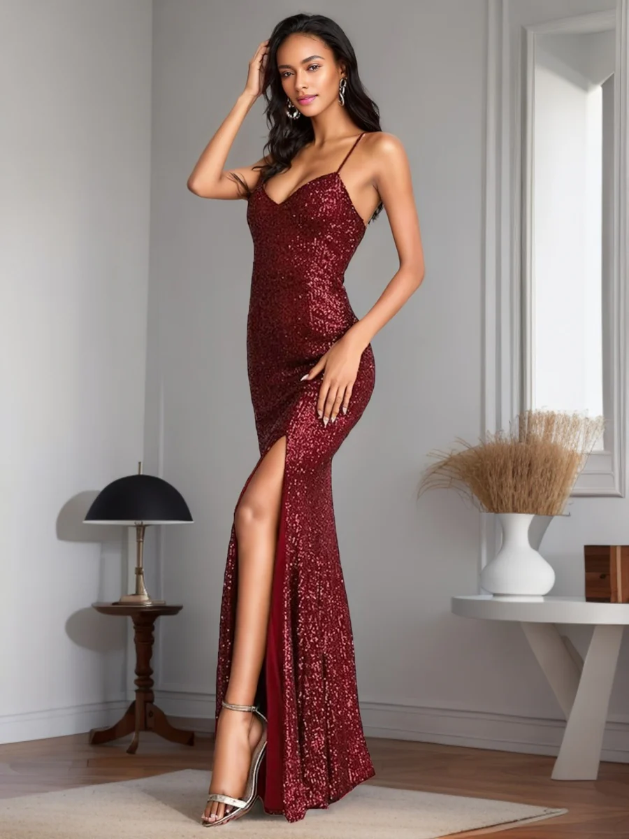 Sequins Slit Sexy Camisoles Formal Dress Maxi Dresses