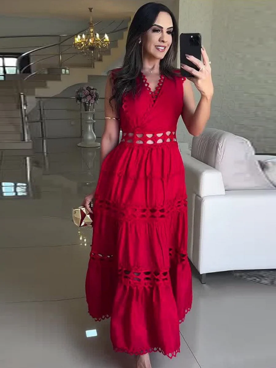 Openwork Embroidery V-neck Slimming Maxi Dresses - Image 4