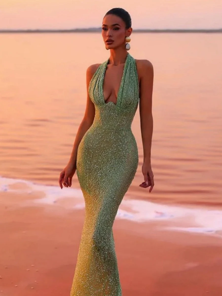 V-Neck Wrap hip mermaid Sequins Maxi Dresses - Image 4