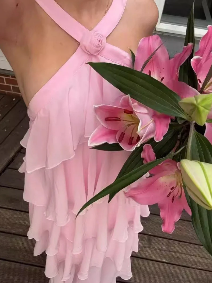 Halter Backless Cake Skirt Pink Yellow Maxi Dress - Image 2
