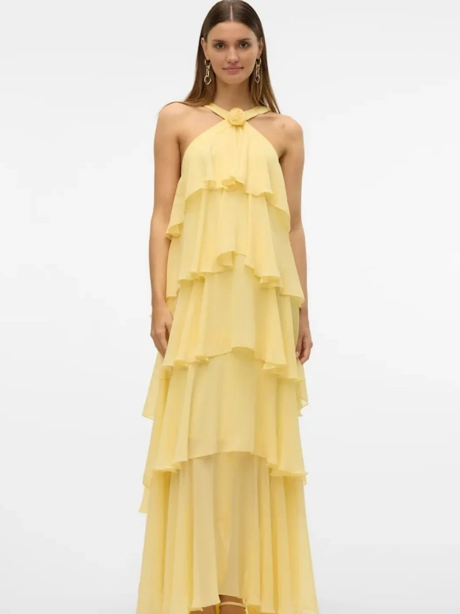 Halter Backless Cake Skirt Pink Yellow Maxi Dress - Image 6