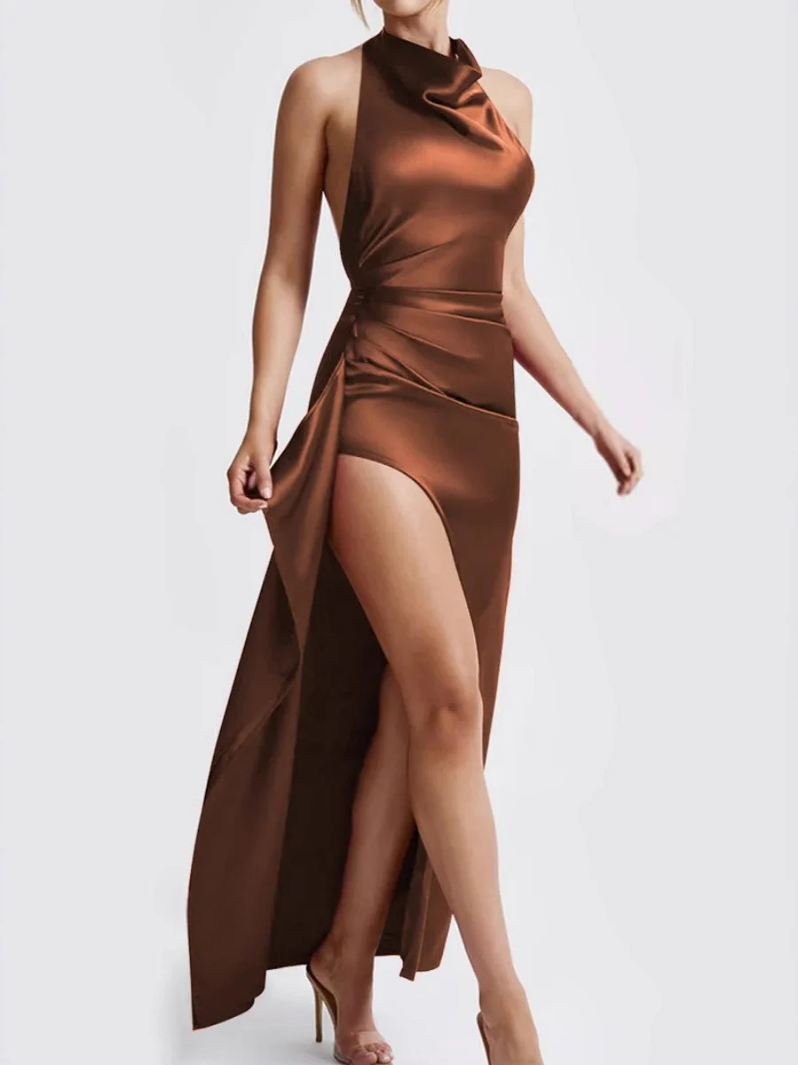 Satin High Fork Crew Neck Halter Backless Pleated Long Dress - Image 28