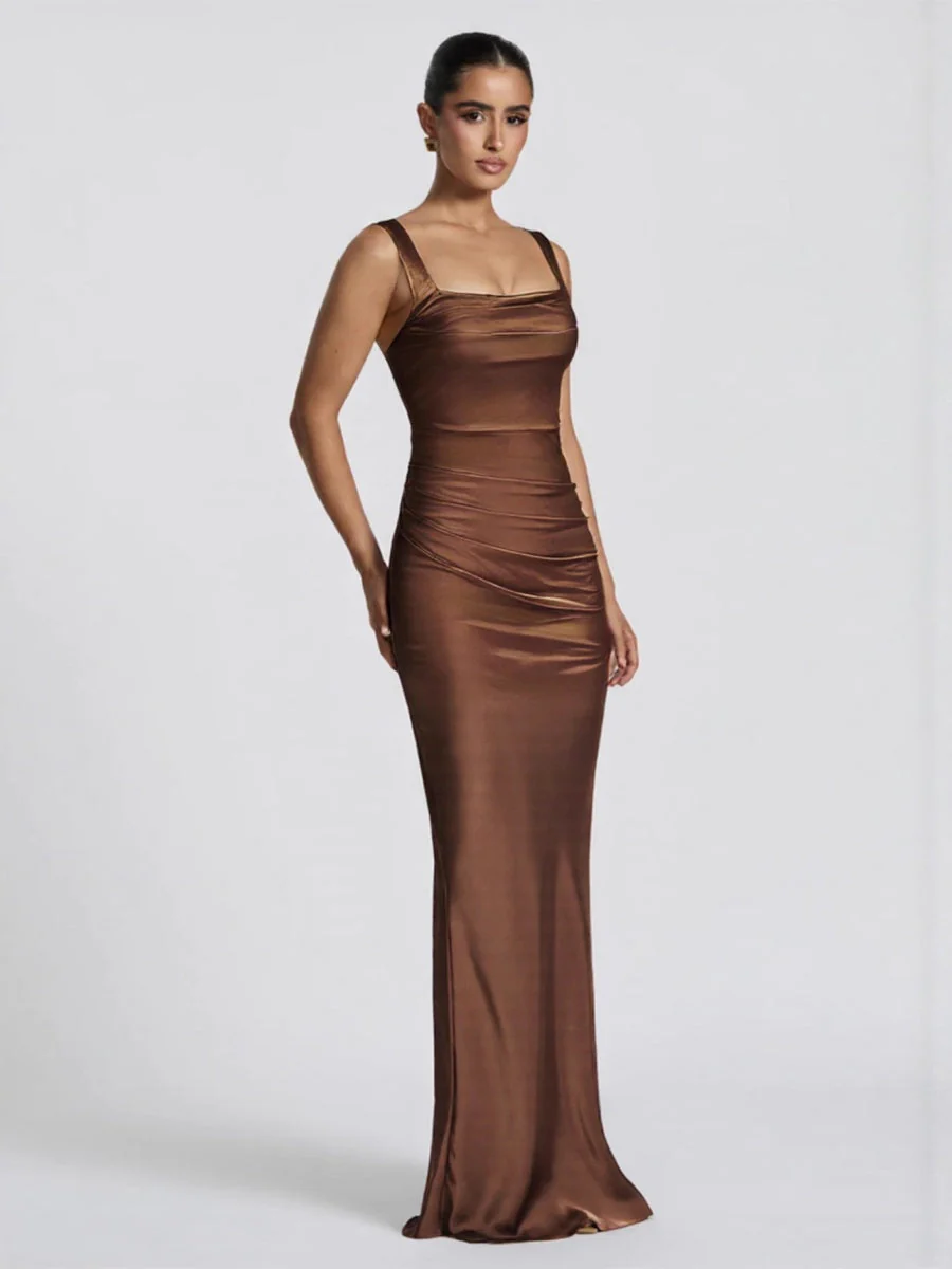 Dark Brown Satin Square Collar Pleated Maxi Dresses - Image 3