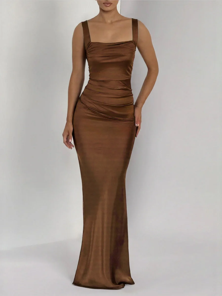 Dark Brown Satin Square Collar Pleated Maxi Dresses - Image 4