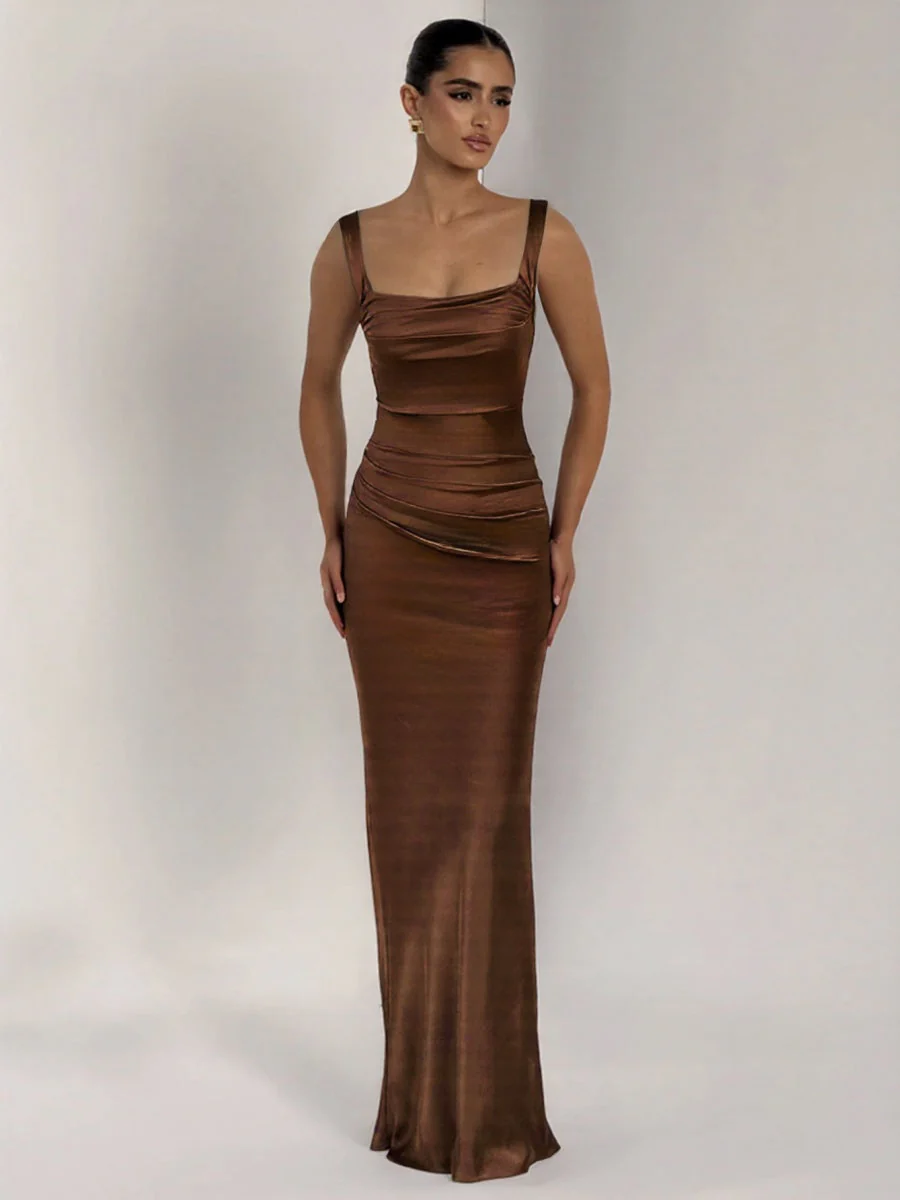 Dark Brown Satin Square Collar Pleated Maxi Dresses - Image 5