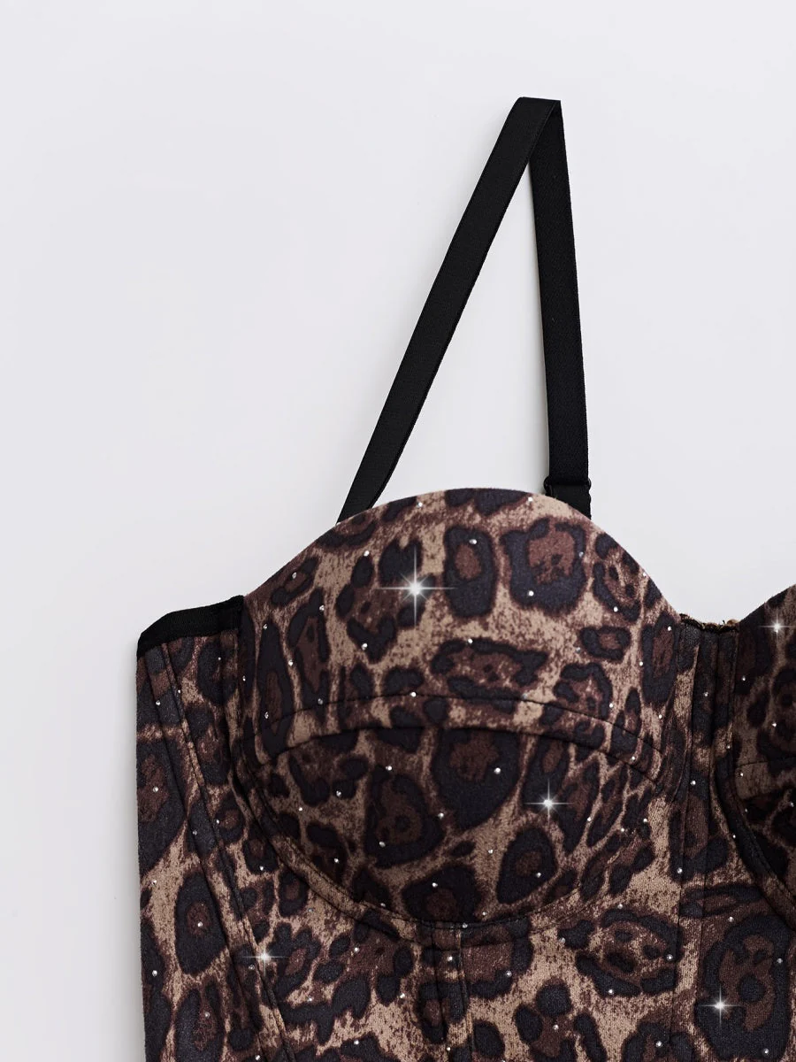 Rhinestone-studded Body Shaping Fish Bones Leopard Print Camisoles - Image 3
