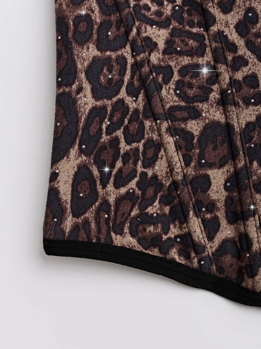 Rhinestone-studded Body Shaping Fish Bones Leopard Print Camisoles - Image 4