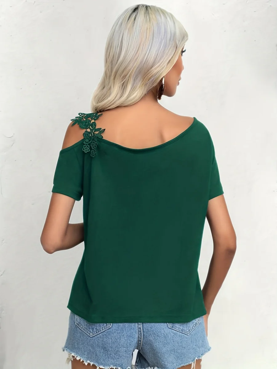 Applique Short Sleeve Splicing Chiffon Blouse - Image 10