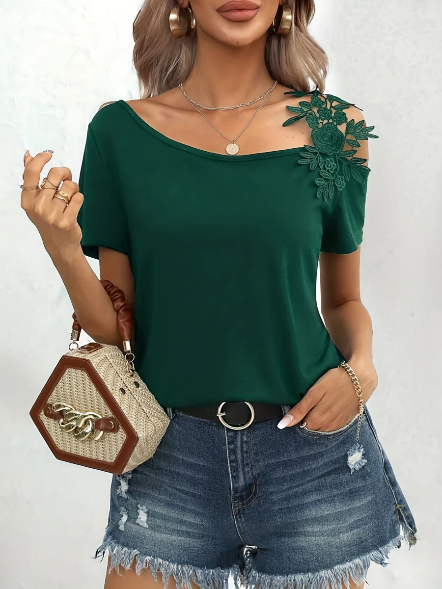 Applique Short Sleeve Splicing Chiffon Blouse - Image 11