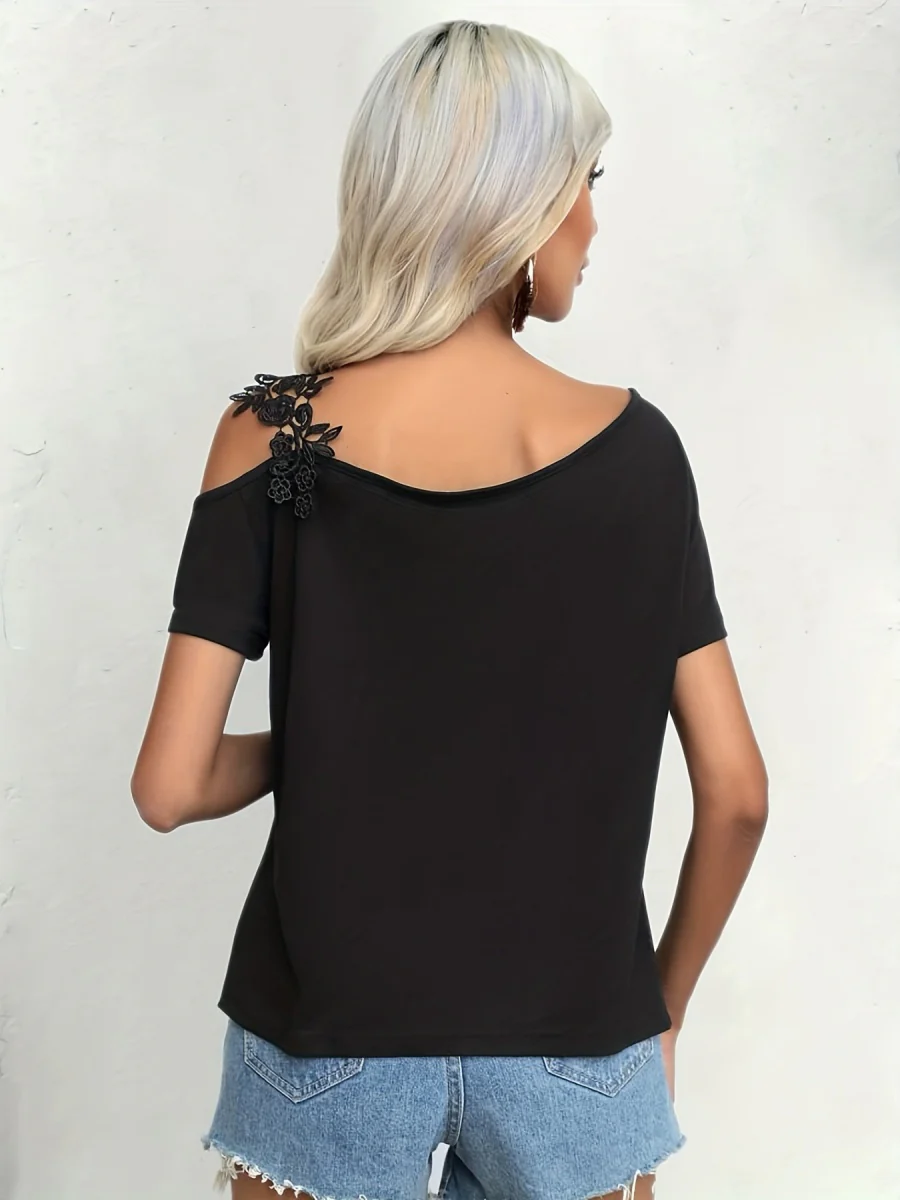 Applique Short Sleeve Splicing Chiffon Blouse - Image 3
