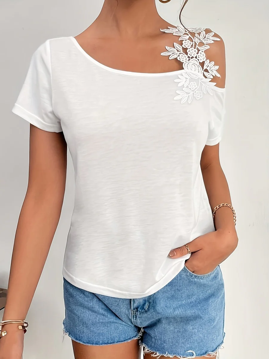 Applique Short Sleeve Splicing Chiffon Blouse - Image 4