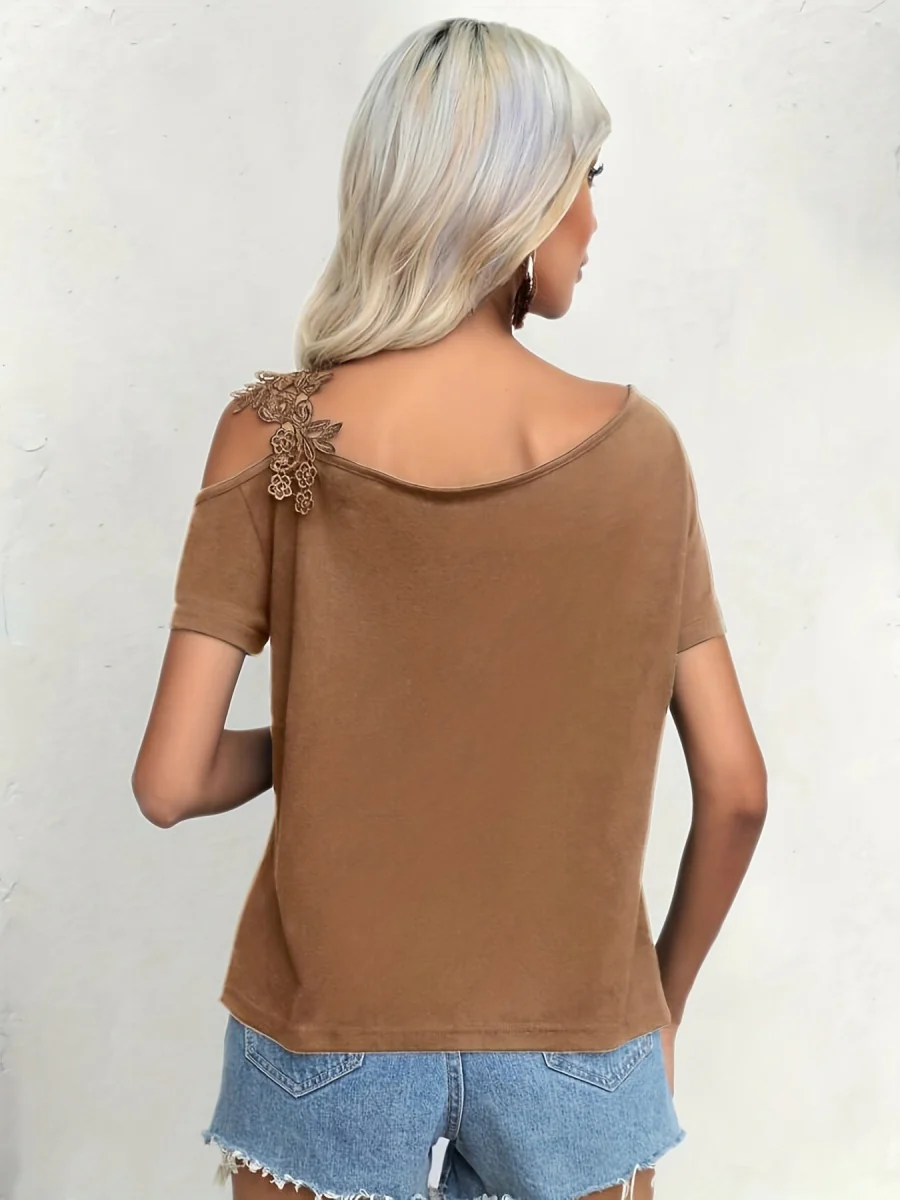 Applique Short Sleeve Splicing Chiffon Blouse - Image 8