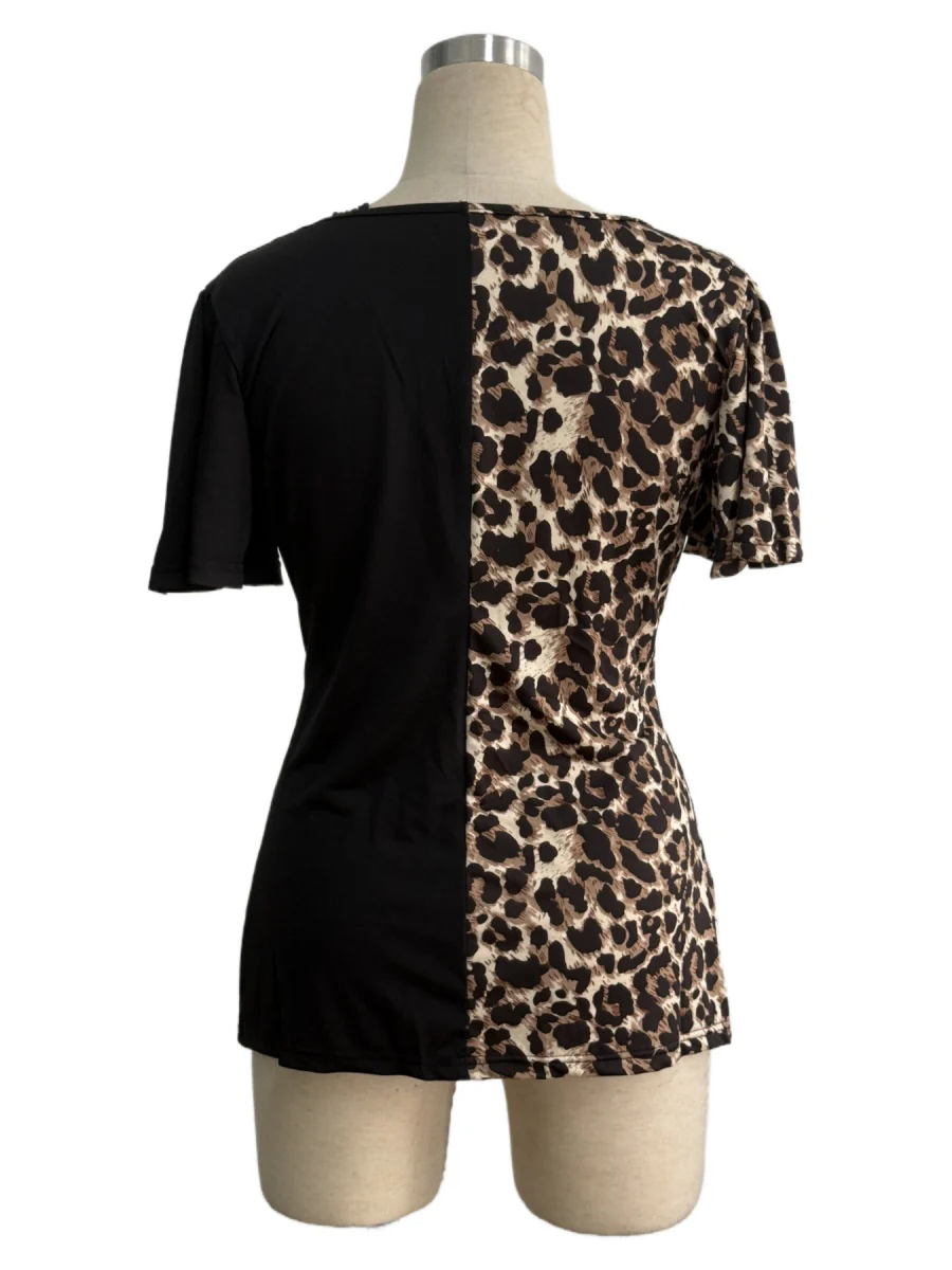 Splicing Stripes Asymmetrical Leopard Print T-shirts - Image 11