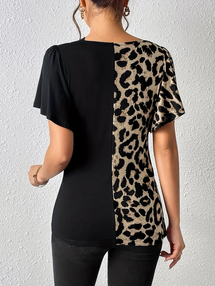 Splicing Stripes Asymmetrical Leopard Print T-shirts - Image 2