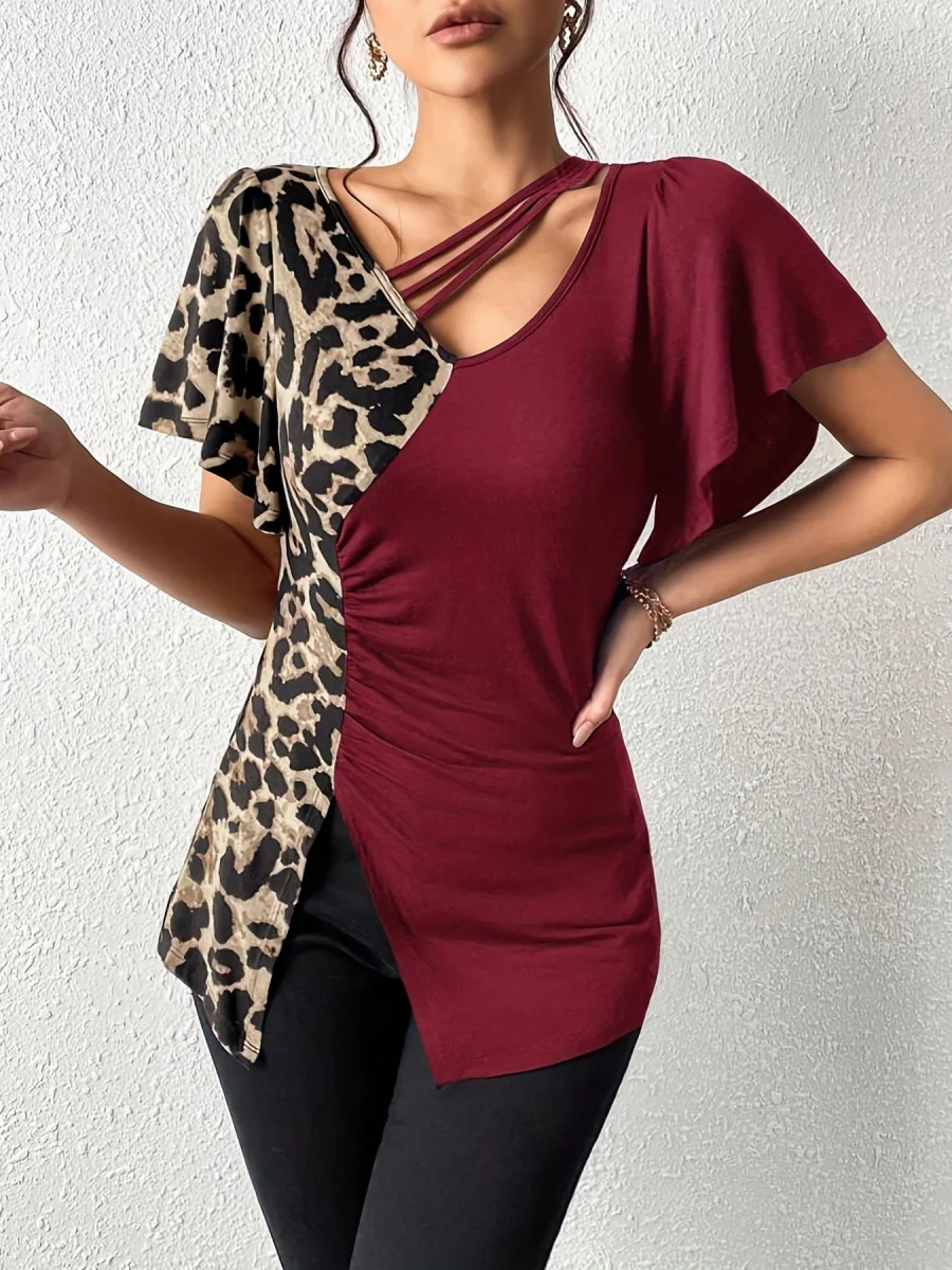 Splicing Stripes Asymmetrical Leopard Print T-shirts - Image 4