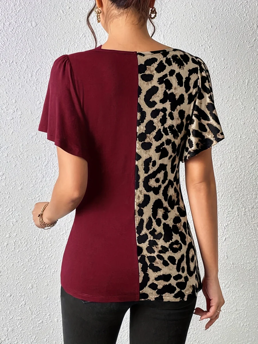 Splicing Stripes Asymmetrical Leopard Print T-shirts - Image 5